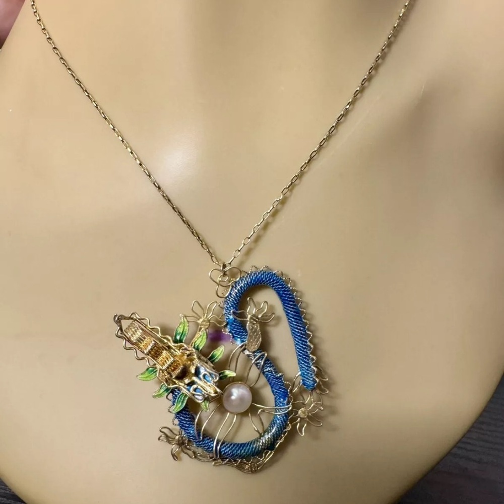 Vintage Chinese Export Enamel Dragon Pearl Sterling Silver Pendant Necklace